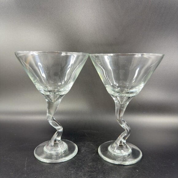Martini Glasses Squiggle Cocktail Bent Stem Crooked Cocktail Set 2 Clear Glasses - Picture 9 of 14
